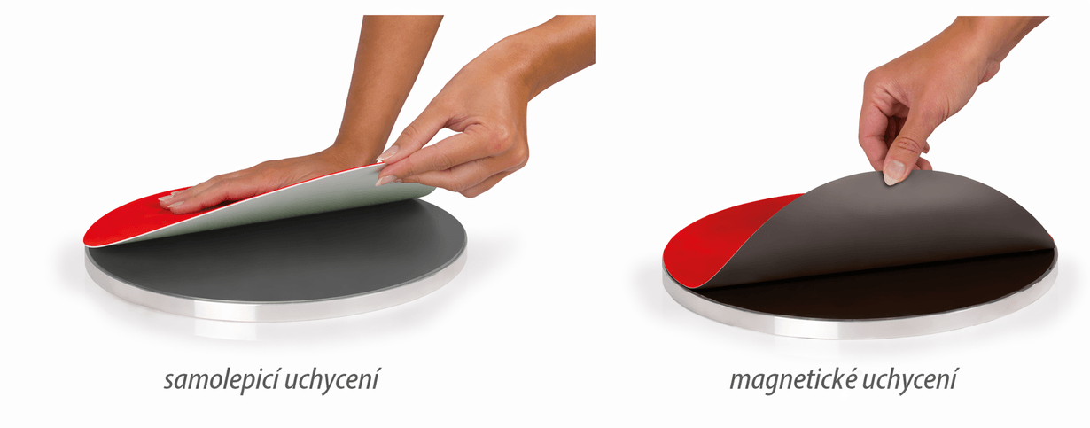 Srovnání dvou způsobů uchycení kruhového disku: vlevo samolepicí uchycení, vpravo magnetické uchycení.