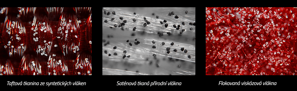 Koláž tří mikroskopických detailů textilních materiálů na černém pozadí: vlevo taftová tkanina ze syntetických vláken, uprostřed saténová tkaná přírodní vlákna a vpravo flokovaná viskózová vlákna.